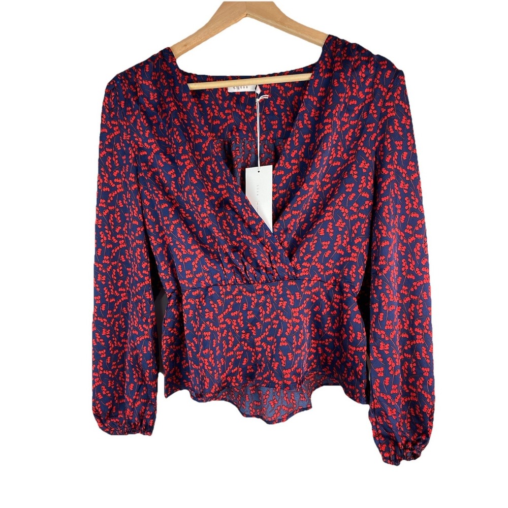 NWT Lush Women's Blue Red Floral Deep V-Neck Puff Sleeve Peplum Blouse